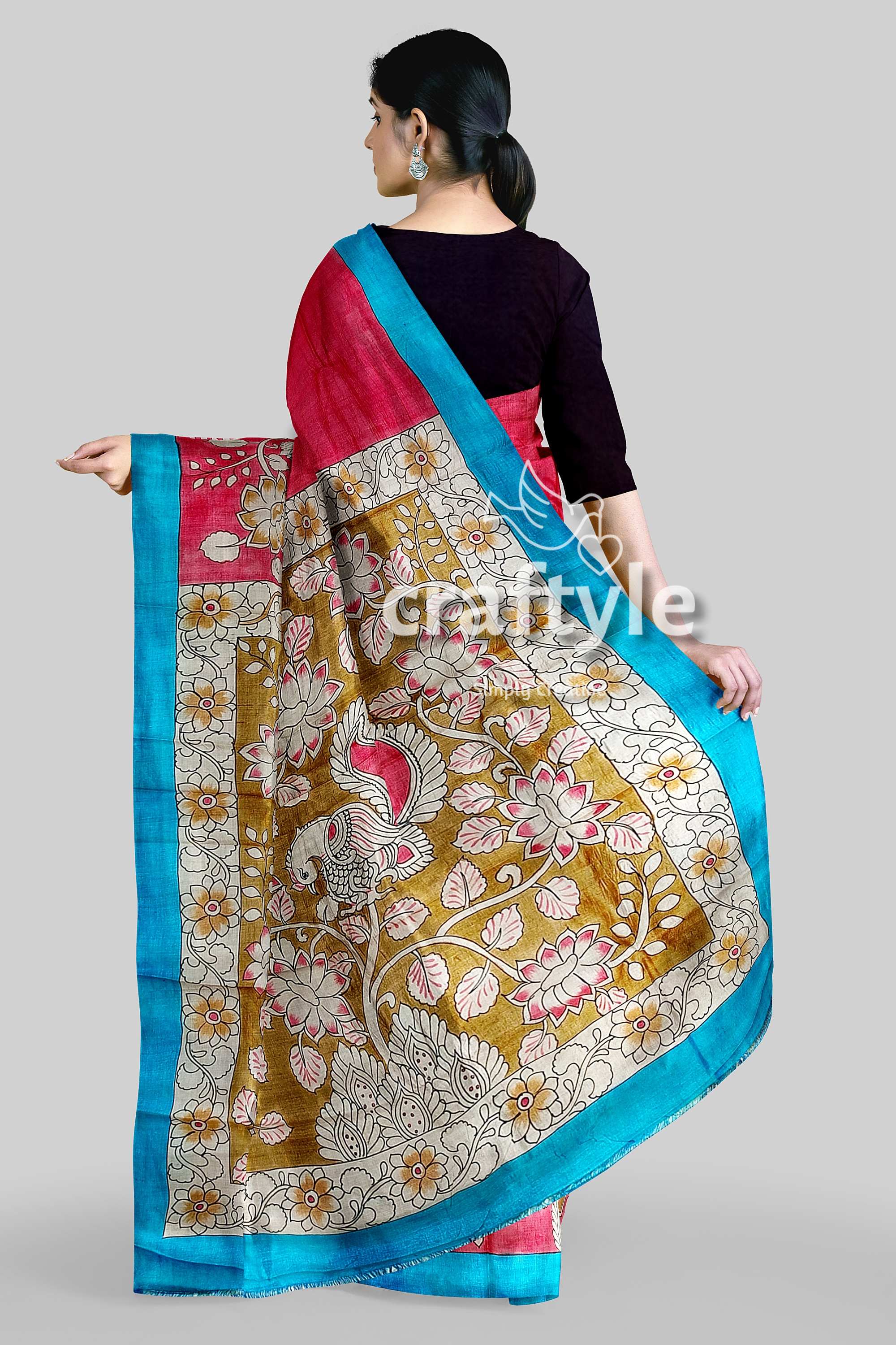 Hand Painted Pure Tussar Saree - Red Rose Kalamkari Sari with Zari Border - Craftyle
