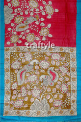 Hand Painted Pure Tussar Saree - Red Rose Kalamkari Sari with Zari Border - Craftyle