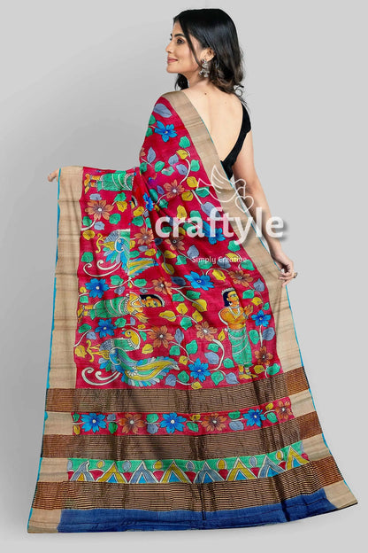 Hand-painted pure tussar silk saree - red kalamkari design with zari border red saree floral figure paintings 5