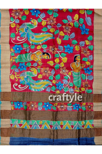 Hand-painted pure tussar silk saree - red kalamkari design with zari border hand-painted red saree floral figure 6