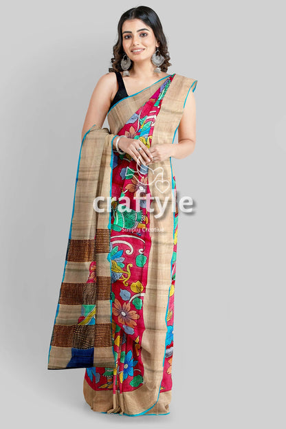 Hand-Painted Pure Tussar Silk Saree - Red Kalamkari Design with Zari Border - Craftyle