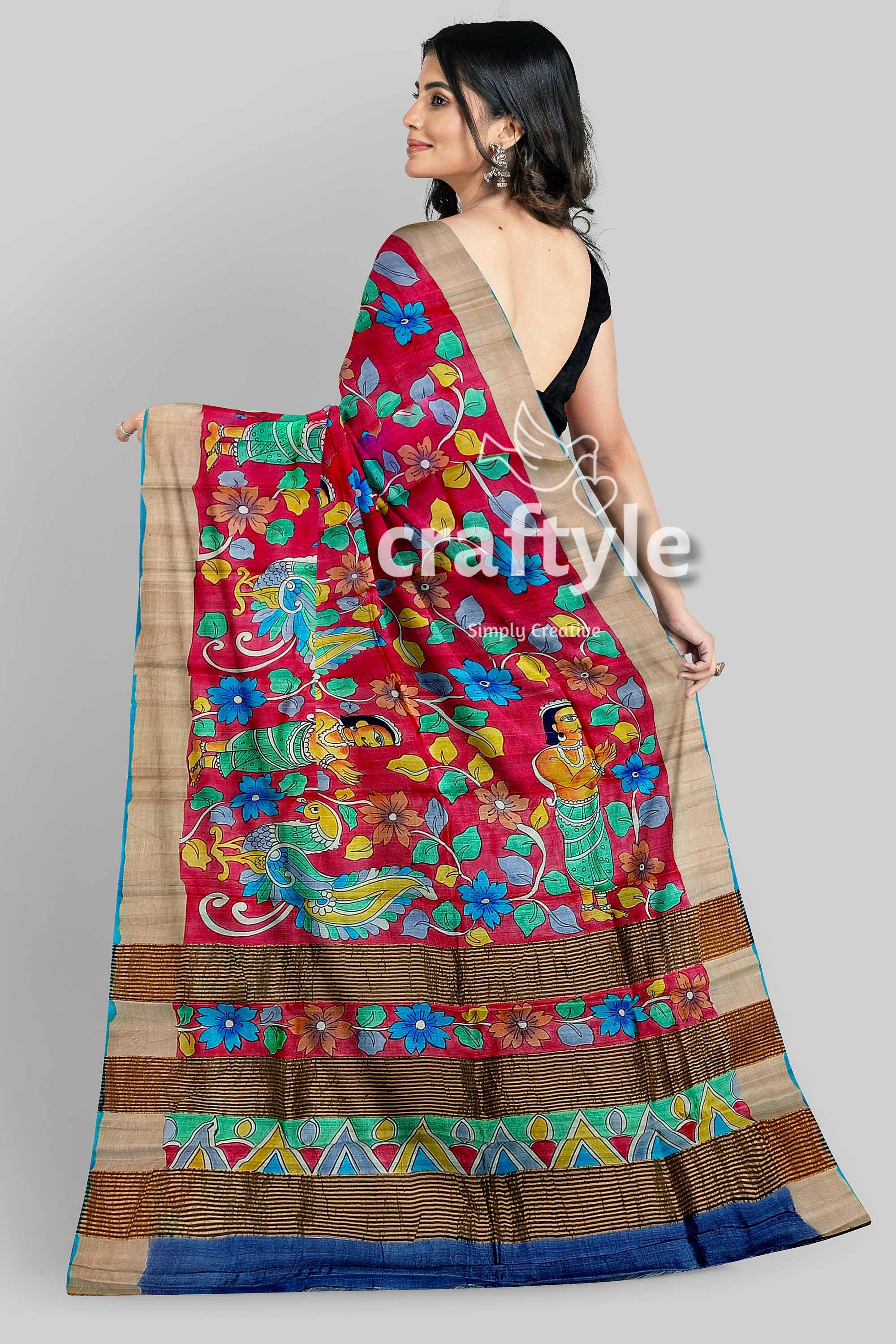 Hand-Painted Pure Tussar Silk Saree - Red Kalamkari Design with Zari Border - Craftyle