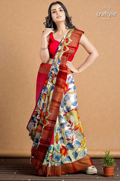Hand painted pure tussar silk saree with zari border - stunning peacock design 1