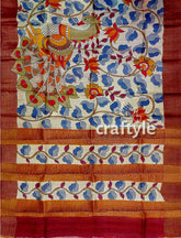 Hand painted pure tussar silk saree with zari border - stunning peacock design hand-painted 6