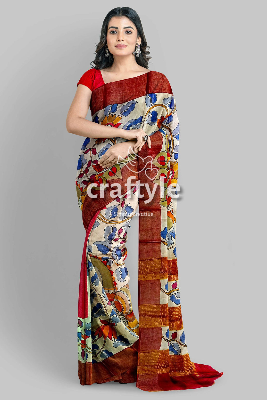 Hand Painted Pure Tussar Silk Saree with Zari Border - Stunning Peacock Design - Craftyle