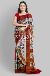 Hand Painted Pure Tussar Silk Saree with Zari Border - Stunning Peacock Design - Craftyle