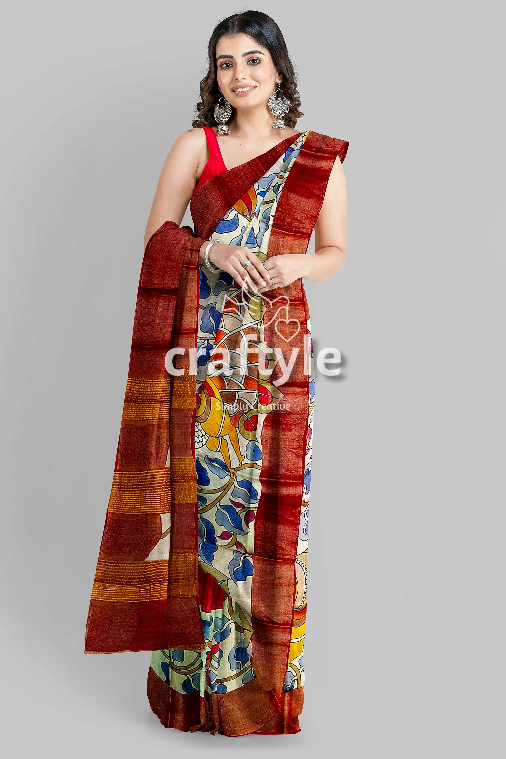 Hand Painted Pure Tussar Silk Saree with Zari Border - Stunning Peacock Design - Craftyle