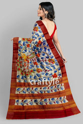 Hand Painted Pure Tussar Silk Saree with Zari Border - Stunning Peacock Design - Craftyle