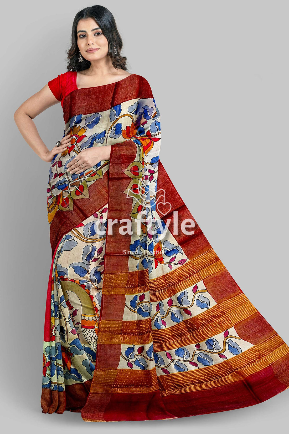 Hand Painted Pure Tussar Silk Saree with Zari Border - Stunning Peacock Design - Craftyle