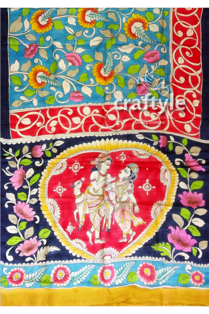 Hand painted radha krishna design pure tussar silk saree - kalamkari colorful floral figurative textile 7