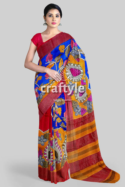 Hand-Painted Red and Blue Pure Tussar Kalamkari Saree with Zari Border - Craftyle