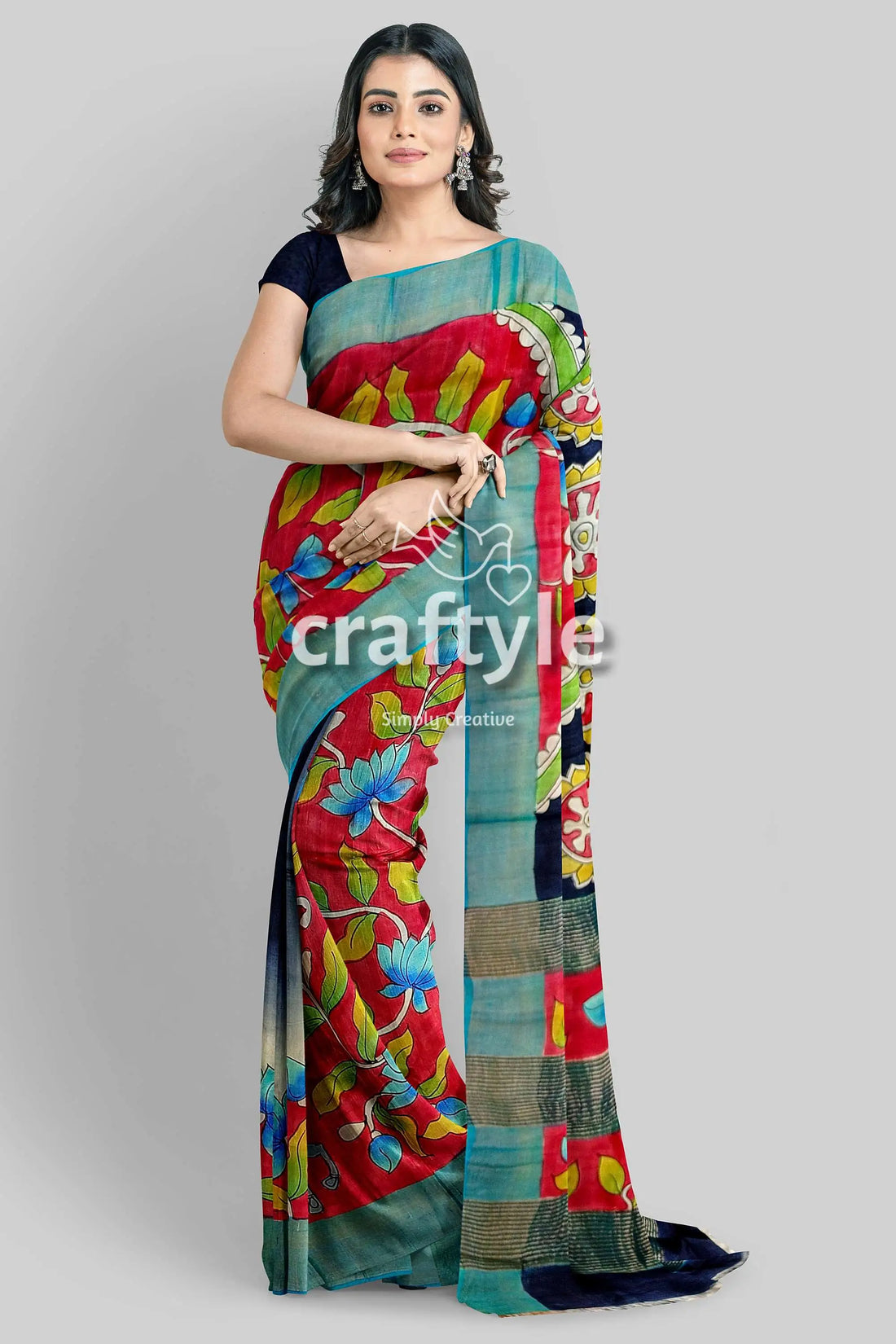 Hand painted red tussar kalamkari saree with zari border - pure woman colorful floral saree 2