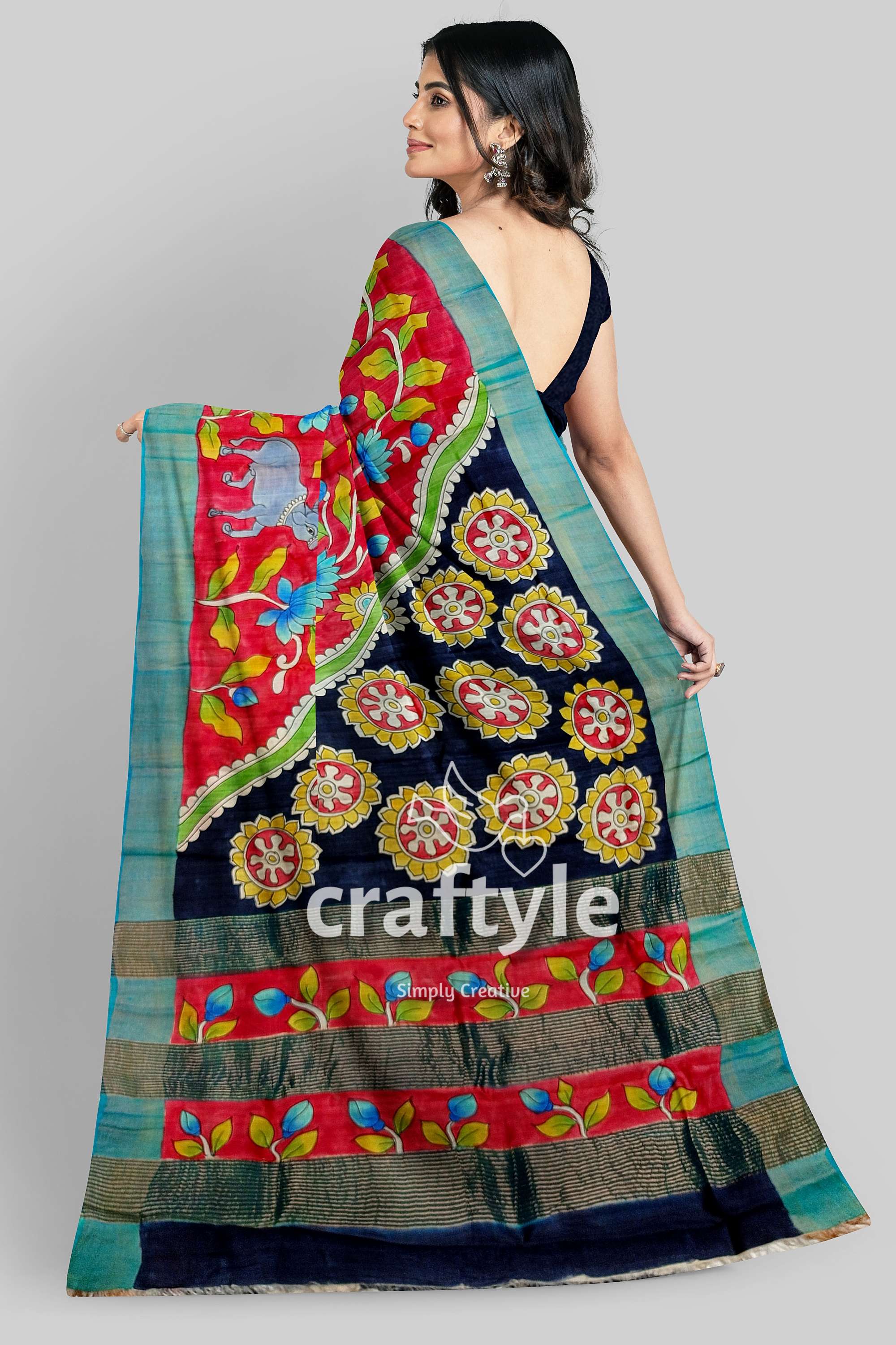 Hand Painted Red Tussar Kalamkari Saree with Zari Border - Pure Tussar Saree - Craftyle