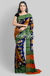 Hand Painted Ruddy Brown and Blue Pure Tussar Saree with Zari Embellishments - Craftyle