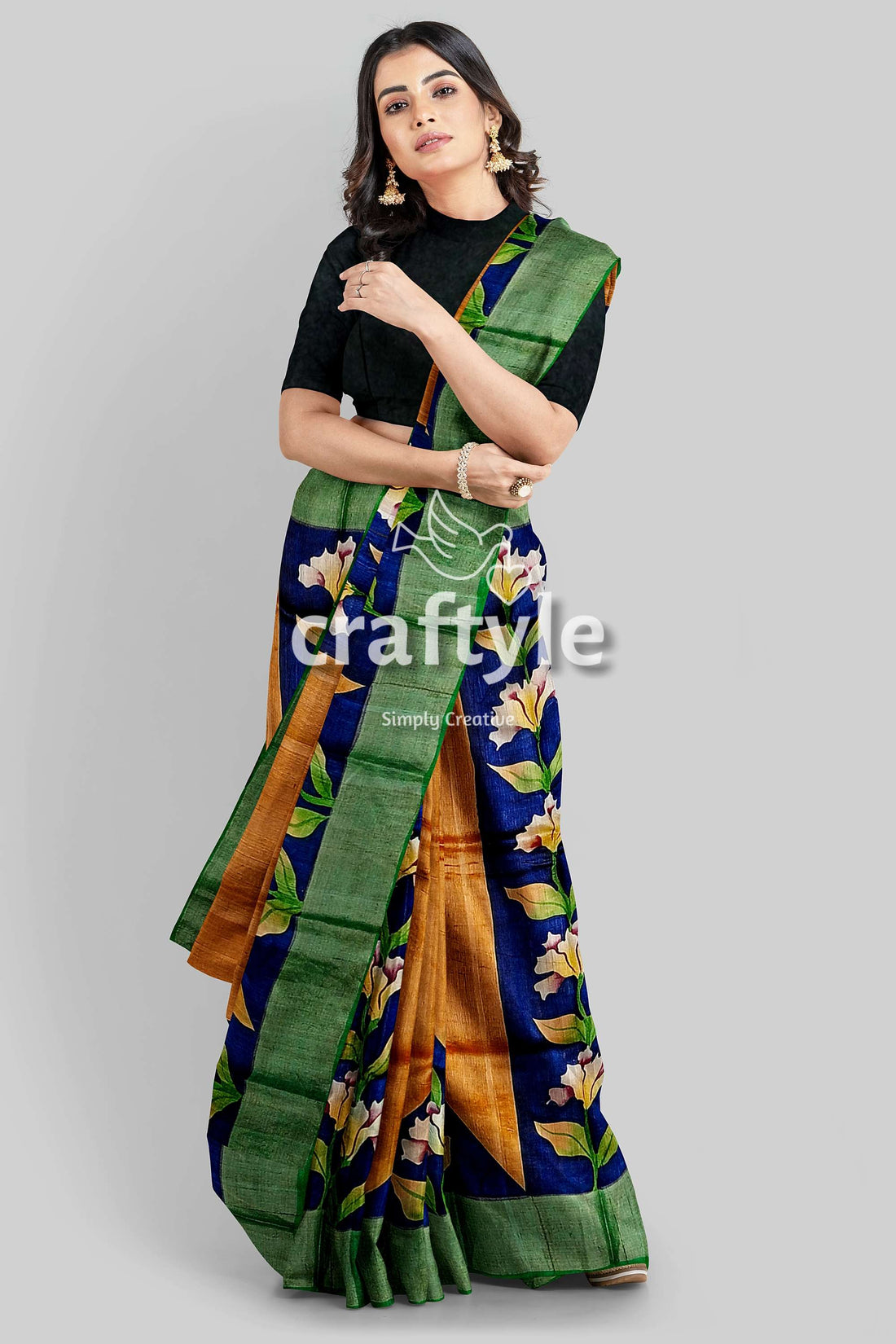Hand Painted Ruddy Brown and Blue Pure Tussar Saree with Zari Embellishments - Craftyle