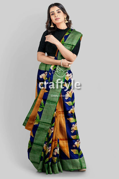 Hand Painted Ruddy Brown and Blue Pure Tussar Saree with Zari Embellishments - Craftyle