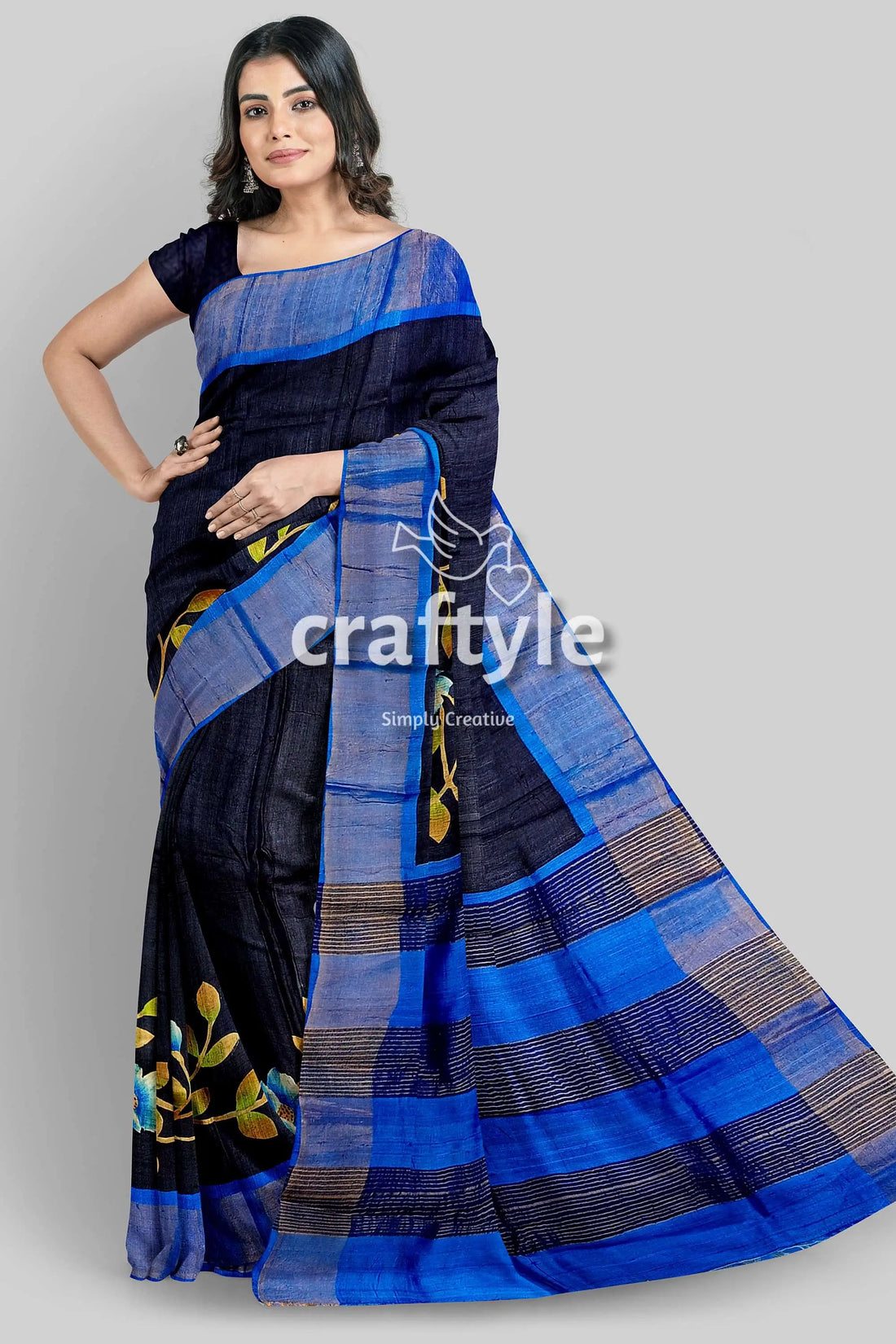 Hand painted russian black zari pure tussar silk saree - elegant and luxurious black blue saree 1