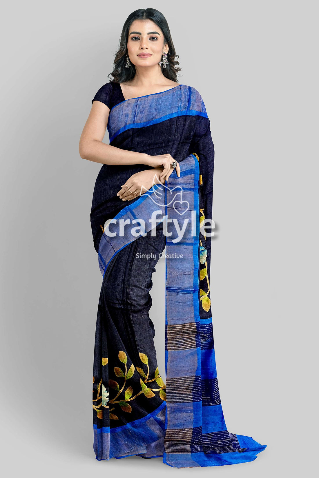 Hand Painted Russian Black Zari Pure Tussar Silk Saree - Elegant and Luxurious - Craftyle