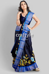 Hand Painted Russian Black Zari Pure Tussar Silk Saree - Elegant and Luxurious - Craftyle
