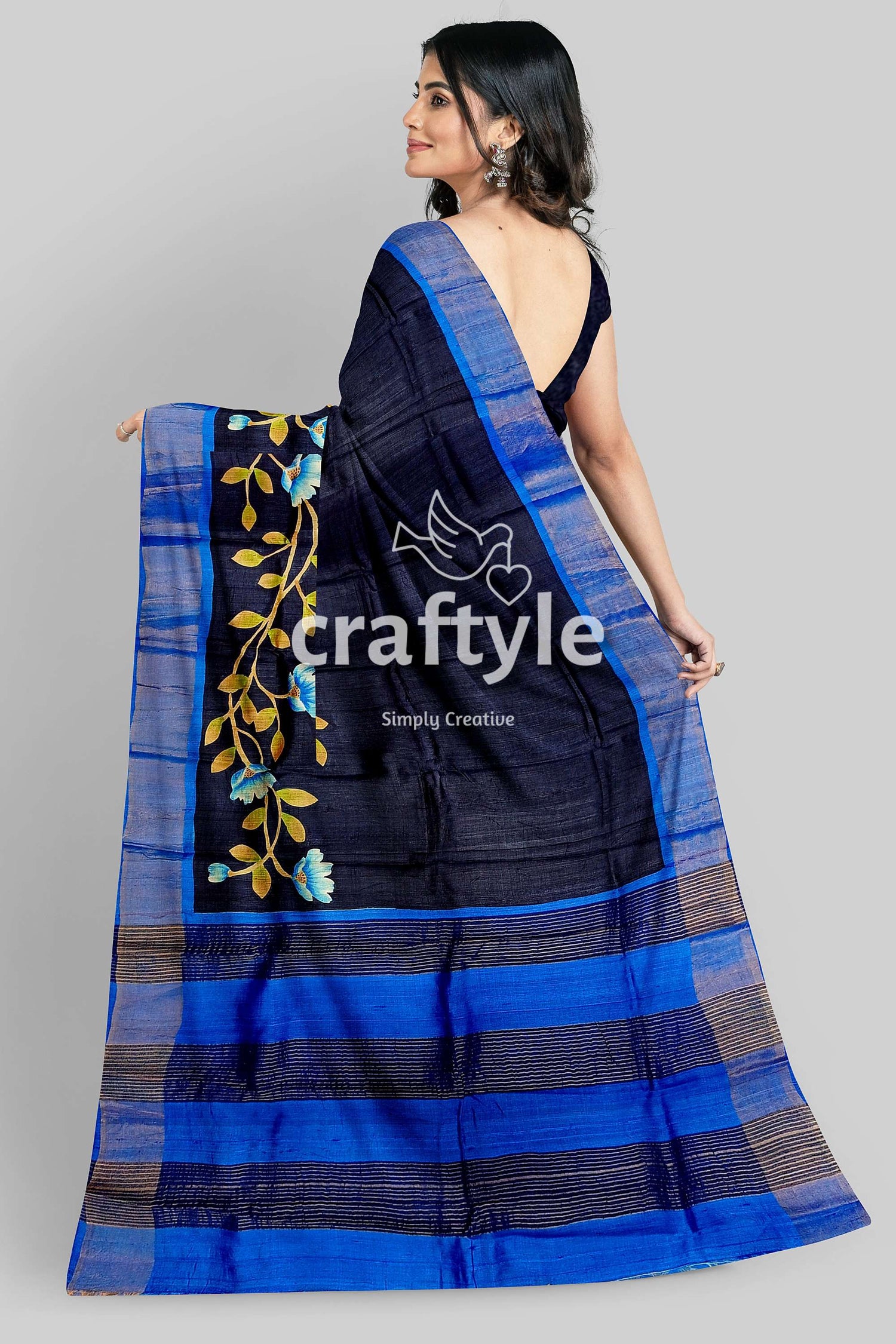 Hand Painted Russian Black Zari Pure Tussar Silk Saree - Elegant and Luxurious - Craftyle