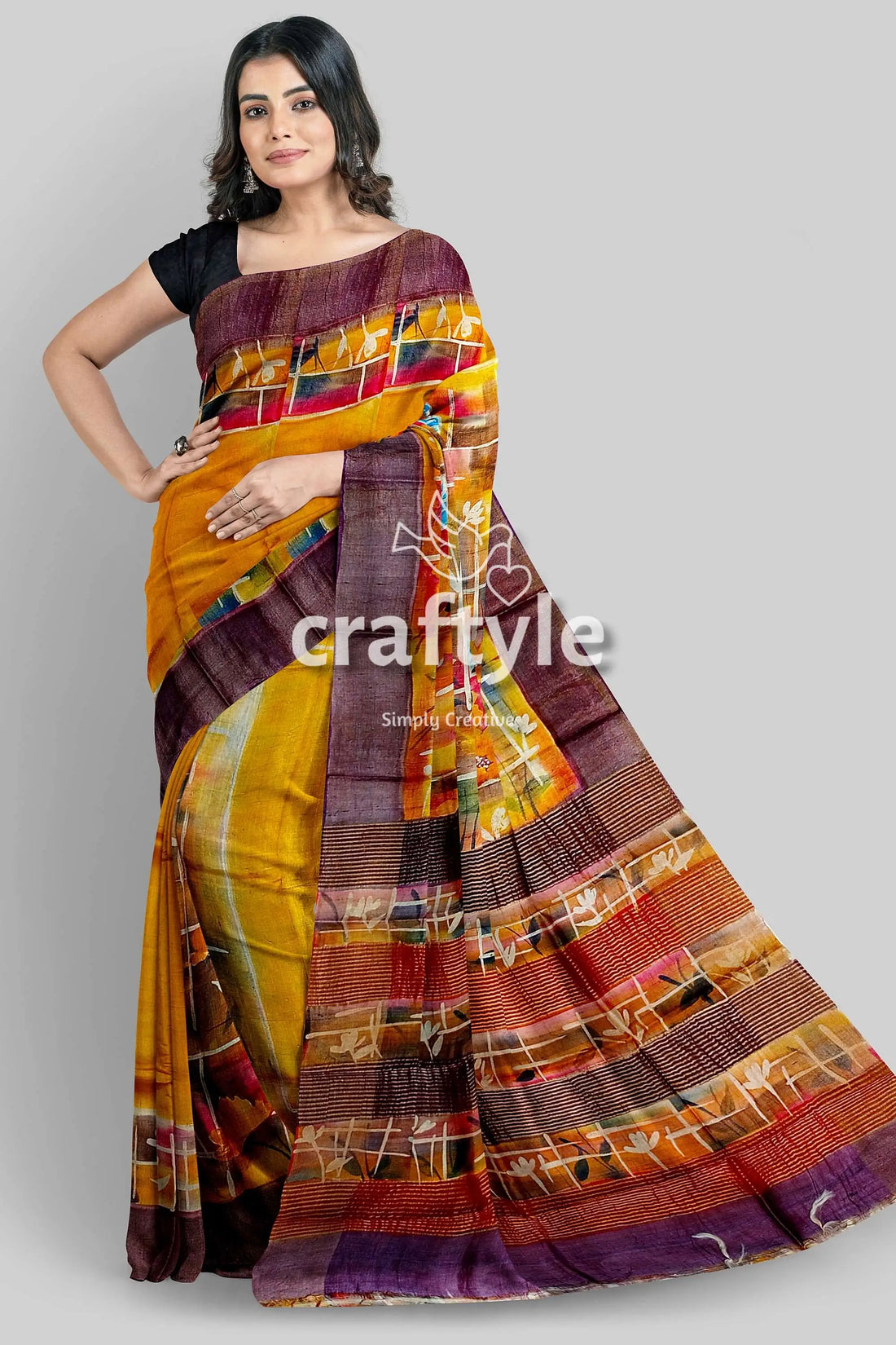Hand painted saffron yellow zari tussar silk saree - pure elegance woman yellow patterned saree 1