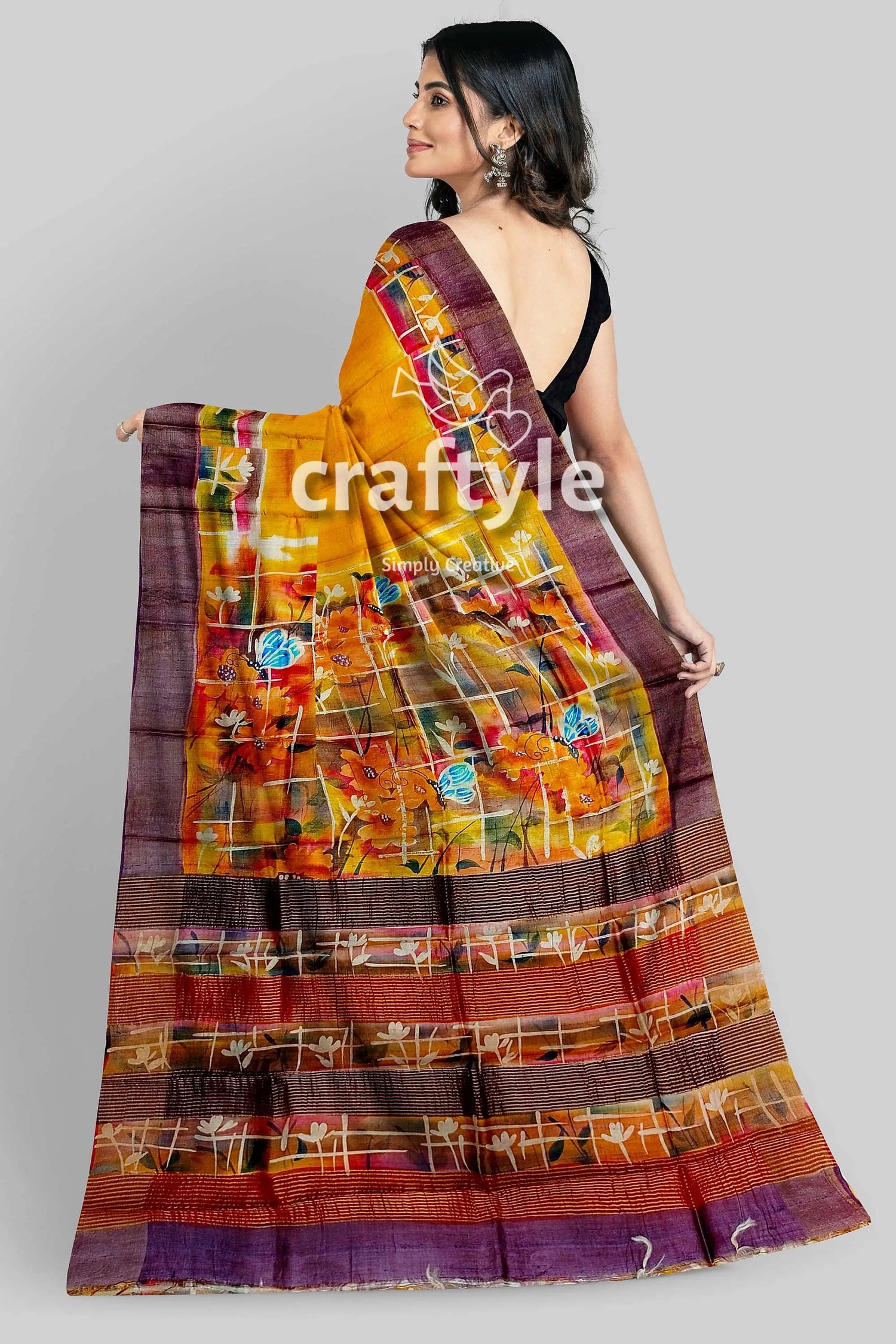 Hand painted saffron yellow zari tussar silk saree - pure elegance woman yellow brown saree 6