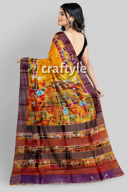 Hand painted saffron yellow zari tussar silk saree - pure elegance woman yellow brown saree 6