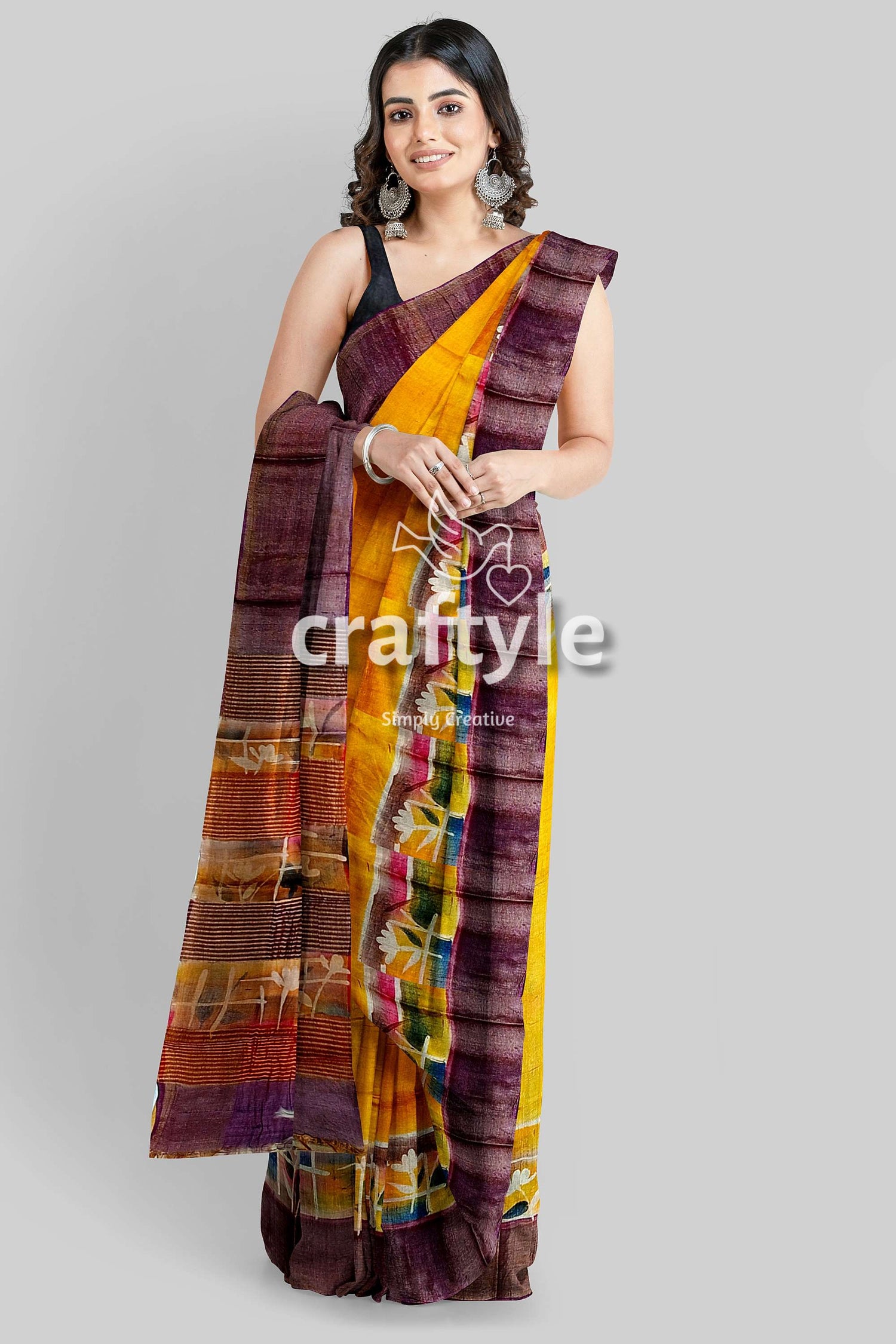 Hand Painted Saffron Yellow Zari Tussar Silk Saree - Pure Elegance - Craftyle