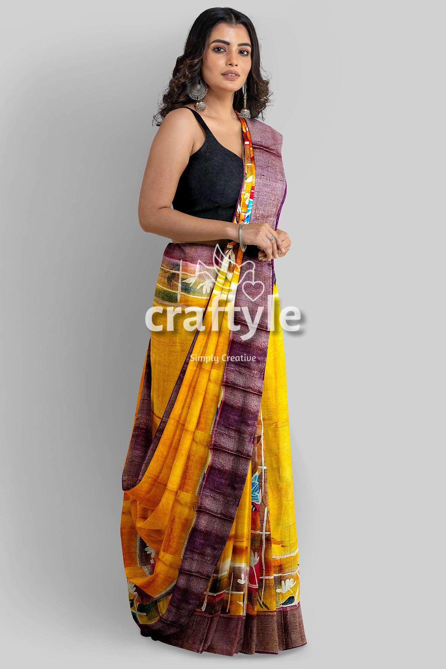 Hand Painted Saffron Yellow Zari Tussar Silk Saree - Pure Elegance - Craftyle