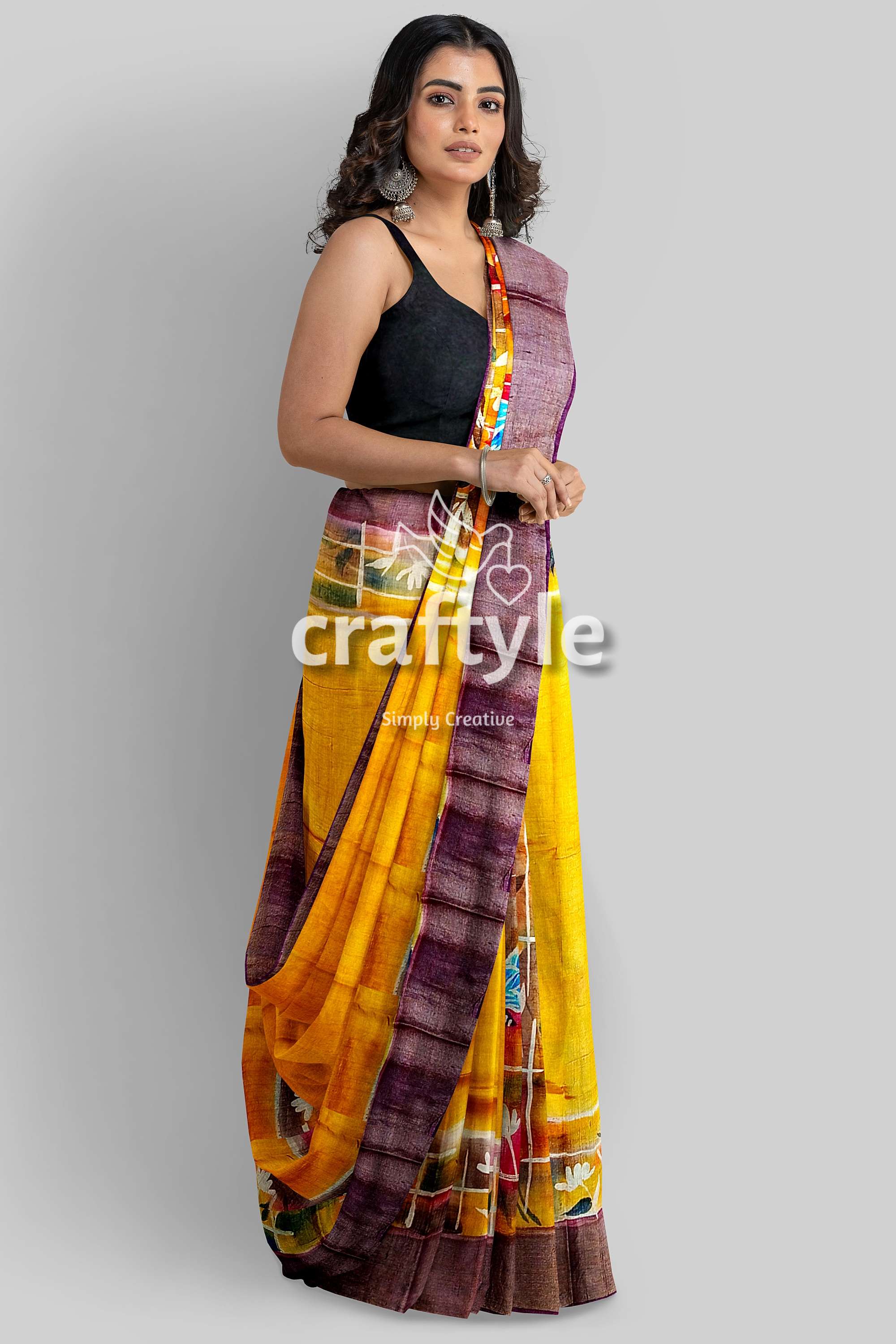Hand Painted Saffron Yellow Zari Tussar Silk Saree - Pure Elegance - Craftyle