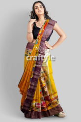 Hand Painted Saffron Yellow Zari Tussar Silk Saree - Pure Elegance - Craftyle