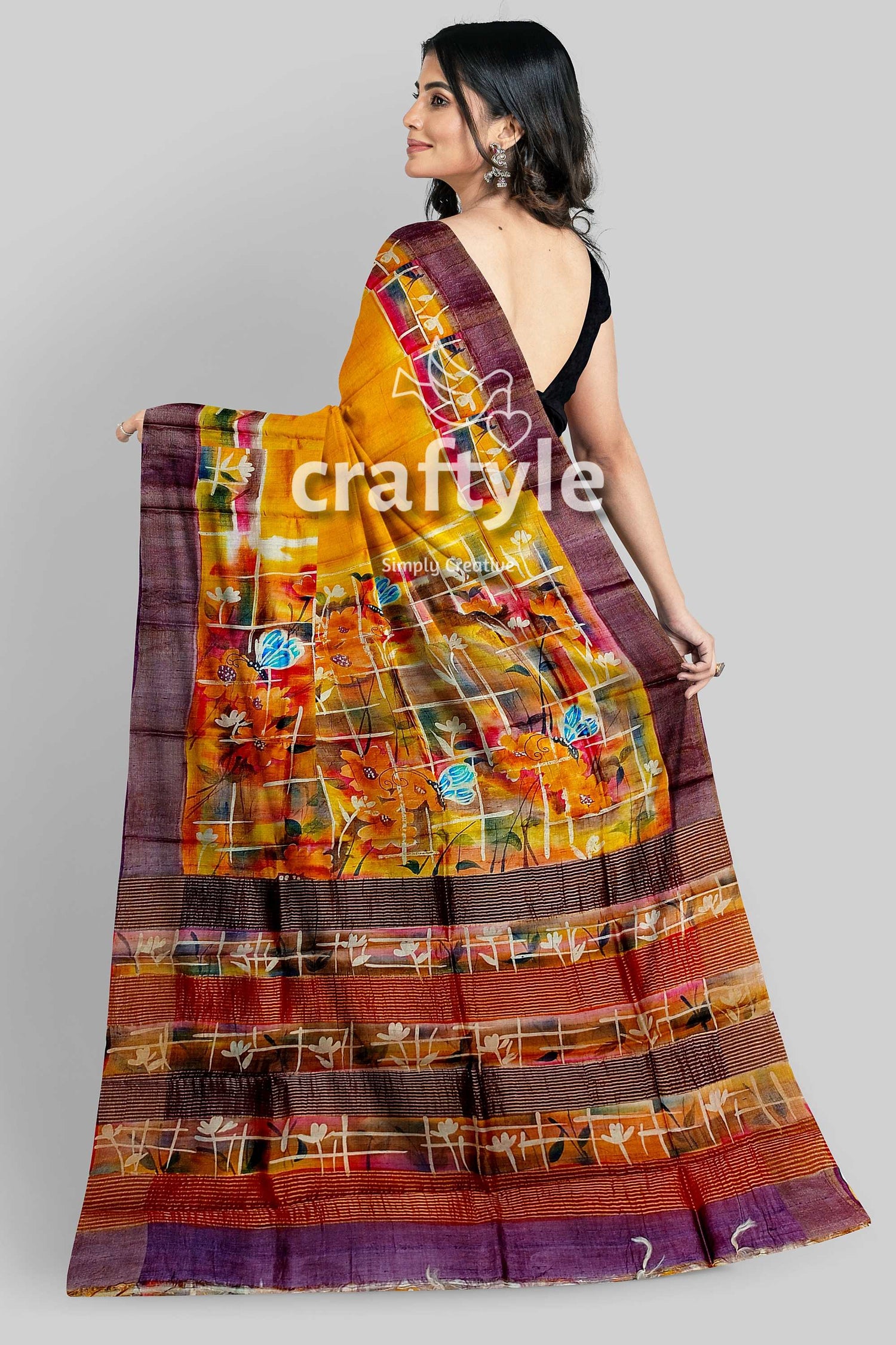 Hand Painted Saffron Yellow Zari Tussar Silk Saree - Pure Elegance - Craftyle