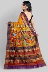 Hand Painted Saffron Yellow Zari Tussar Silk Saree - Pure Elegance - Craftyle