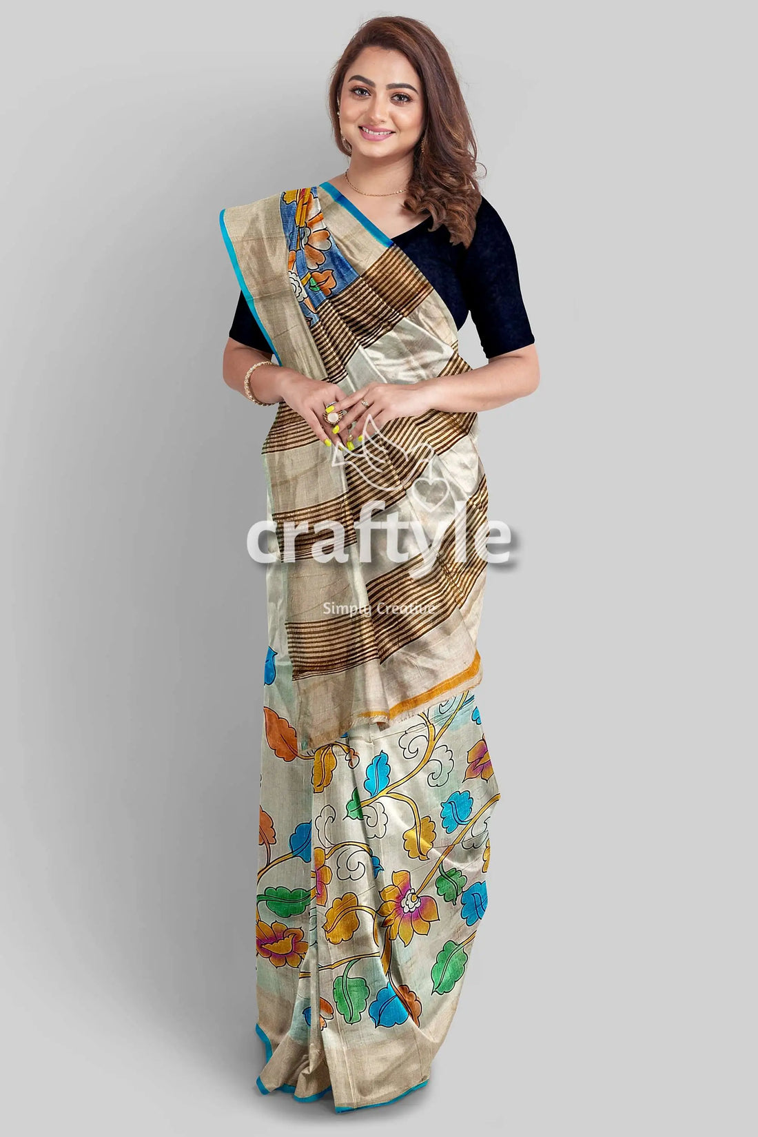 Hand painted sky blue and grey kalamkari sari with zari border - pure tussar silk fabric woman floral-patterned saree 1