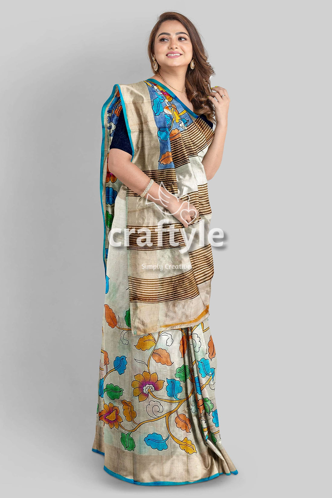 Hand Painted Sky Blue and Grey Kalamkari Sari with Zari Border - Pure Tussar Silk Fabric - Craftyle