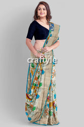 Hand Painted Sky Blue and Grey Kalamkari Sari with Zari Border - Pure Tussar Silk Fabric - Craftyle