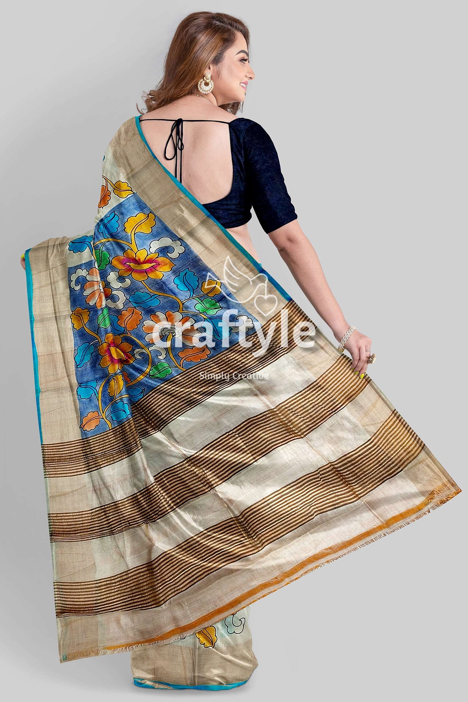 Hand Painted Sky Blue and Grey Kalamkari Sari with Zari Border - Pure Tussar Silk Fabric - Craftyle