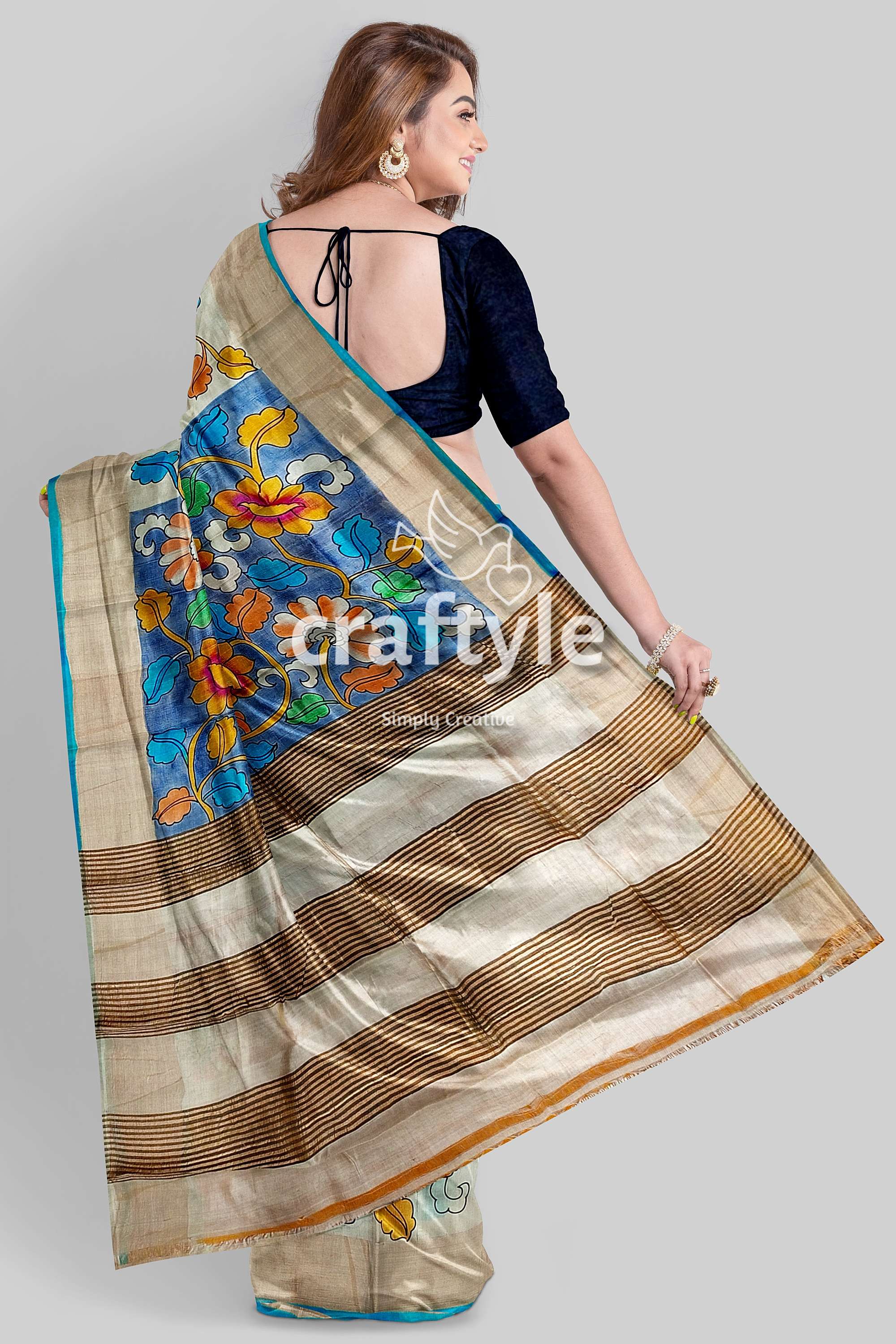 Hand Painted Sky Blue and Grey Kalamkari Sari with Zari Border - Pure Tussar Silk Fabric - Craftyle
