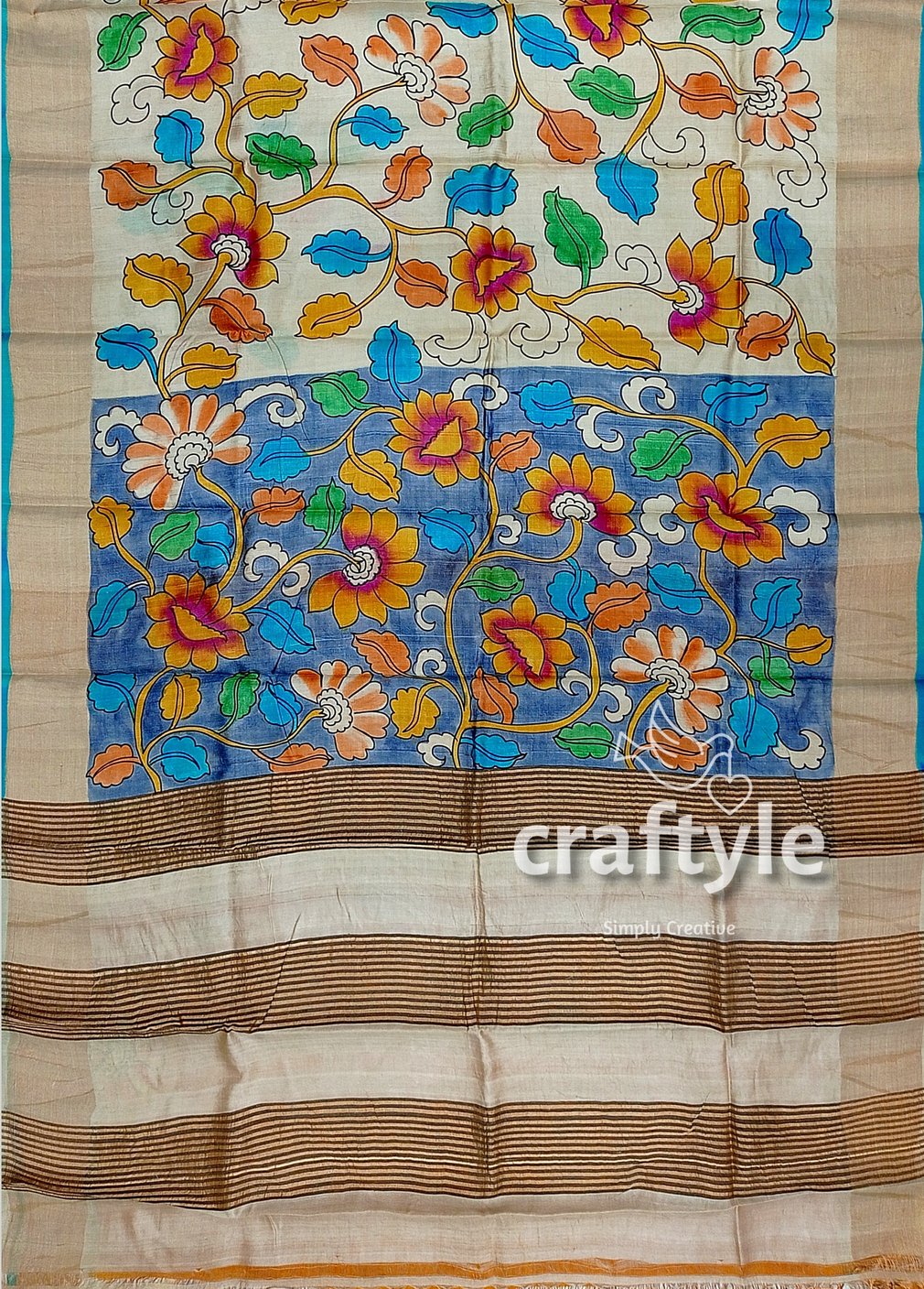 Hand Painted Sky Blue and Grey Kalamkari Sari with Zari Border - Pure Tussar Silk Fabric - Craftyle