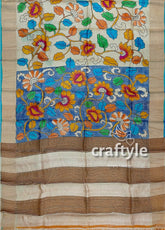 Hand Painted Sky Blue and Grey Kalamkari Sari with Zari Border - Pure Tussar Silk Fabric - Craftyle