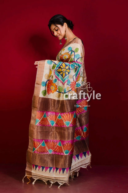 Hand painted soft peach kalamkari saree with zari border - pure tussar silk hand-painted floral saree 3