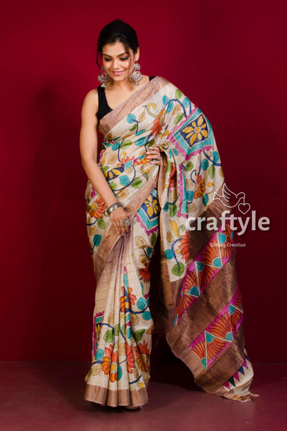 Hand Painted Soft Peach Kalamkari Saree with Zari Border - Pure Tussar Silk - Craftyle