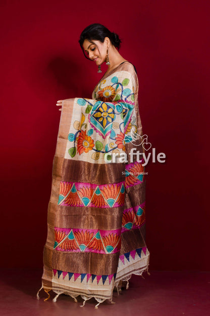 Hand Painted Soft Peach Kalamkari Saree with Zari Border - Pure Tussar Silk - Craftyle