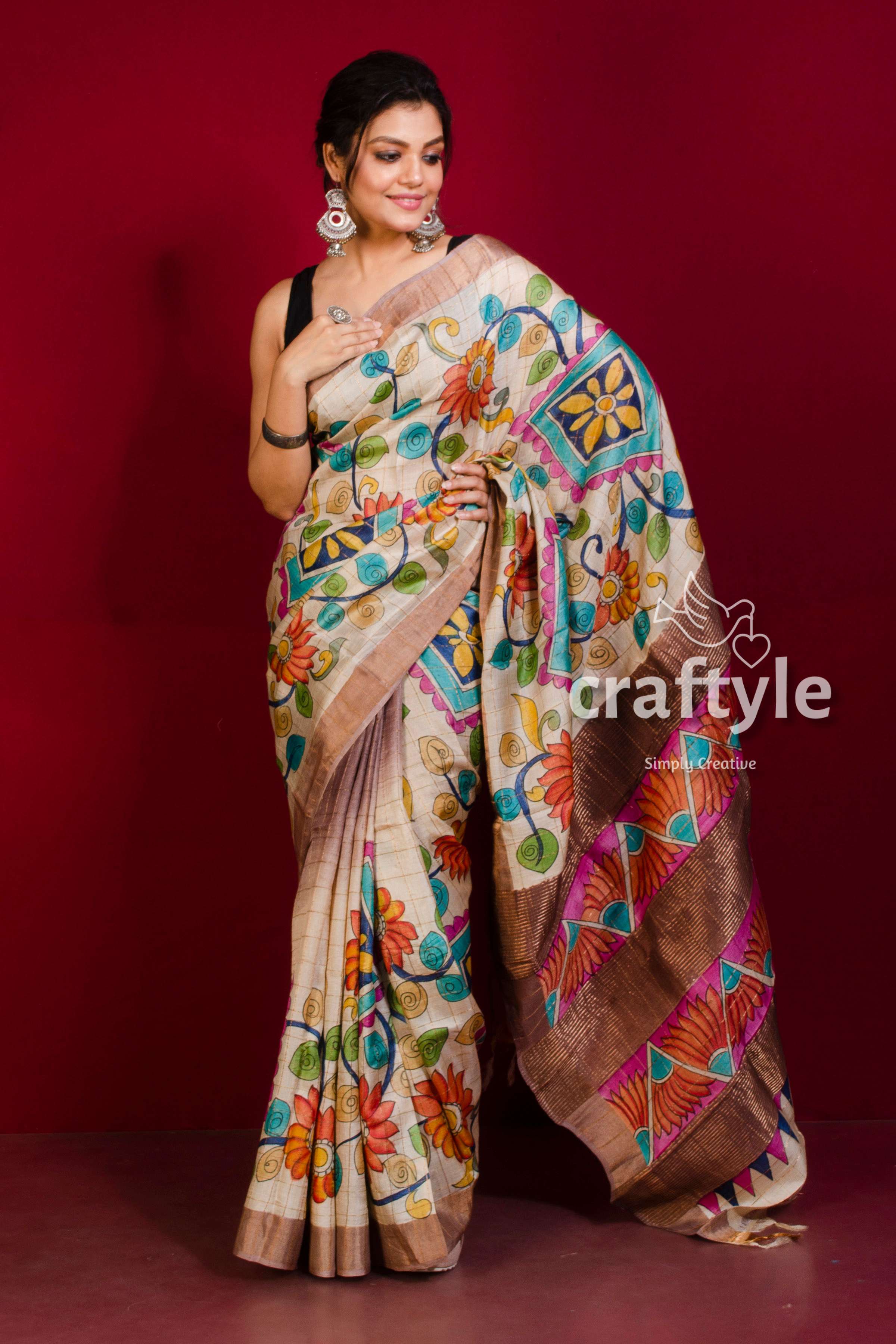 Hand Painted Soft Peach Kalamkari Saree with Zari Border - Pure Tussar Silk - Craftyle