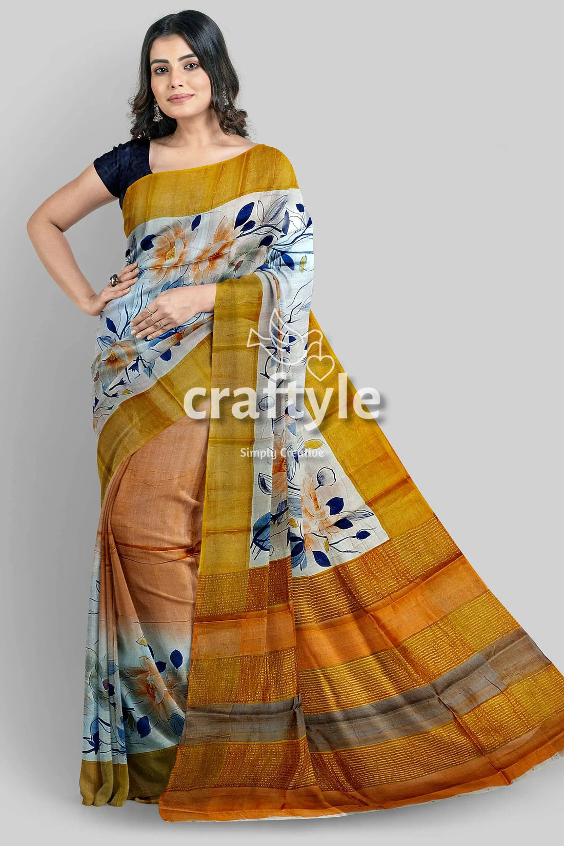 Hand painted white floral pure tussar silk saree with zari detail floral-patterned saree golden border 1