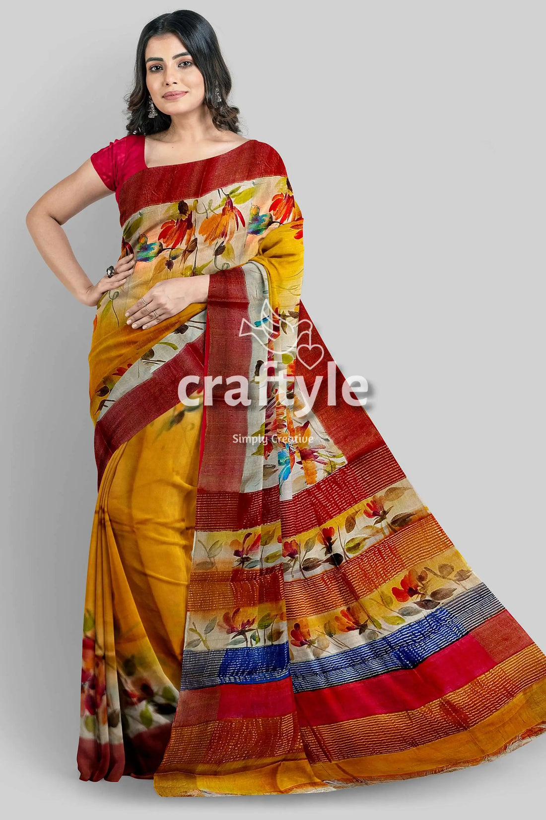 Hand painted yellow orange floral zari tussar saree - pure fabric woman yellow floral saree 1