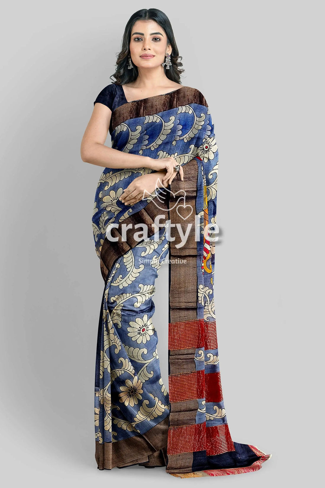 Hand painted zari border pure tussar kalamkari saree - deep grey floral-patterned saree 1