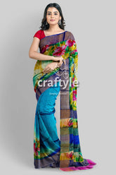 Hand Painted Zari Pure Tussar Saree - Floral Sky Blue Elegant Indian Sari - Craftyle