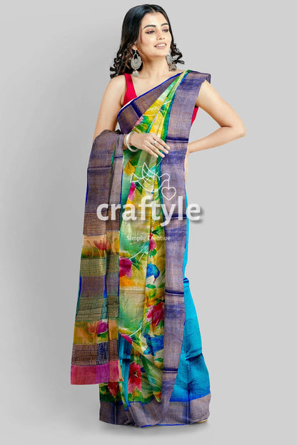Hand Painted Zari Pure Tussar Saree - Floral Sky Blue Elegant Indian Sari - Craftyle