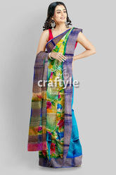 Hand Painted Zari Pure Tussar Saree - Floral Sky Blue Elegant Indian Sari - Craftyle